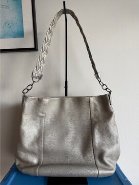Brighton pebble leather Metallic Silver Braided-Handle Shoulder Bag